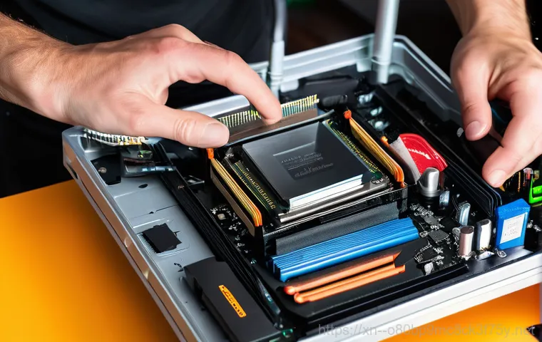 산북동 쿨러조립 및 교체수리 - A close-up, detailed shot of a computer's internal components, specifically focusing on a heavily du...