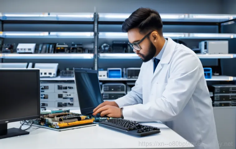 칠괴동 POOL_CORRUPTION_IN_FILE_AREA - An inside view of a desktop computer case, brightly illuminated. A person's hand, wearing an anti-st...