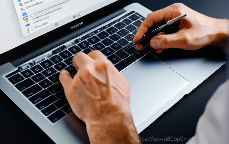 사리현동 맥북프로 판매 및 수리 - A professional technician, wearing a clean technician's uniform, is meticulously repairing the crack... 사리현동 맥북프로 판매 및 수리 - A professional technician, wearing a clean technician's uniform, is meticulously repairing the crack...