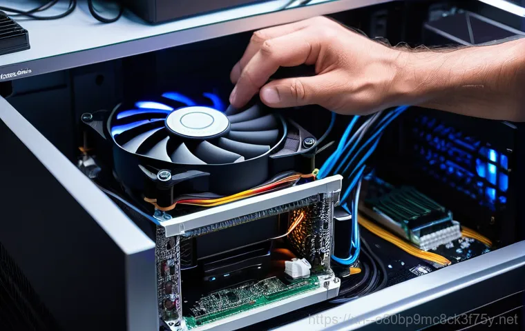 원종동 쿨러조립 및 교체수리 - A split image showcasing two distinct computer interiors side-by-side within a single, modern PC cas...