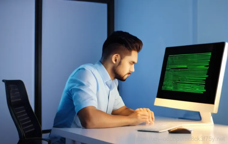 진리동 BOOTMGR is Compressed - A determined individual, wearing a casual shirt, is intently focused on a computer screen in a dimly...