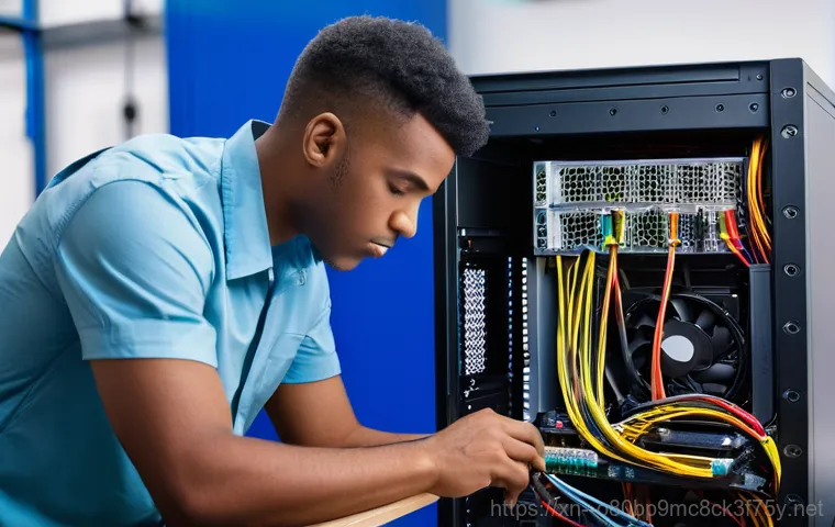 도촌동 파워조립 및 교체수리 - A young adult, looking frustrated and holding their head, stares at a completely black computer moni...