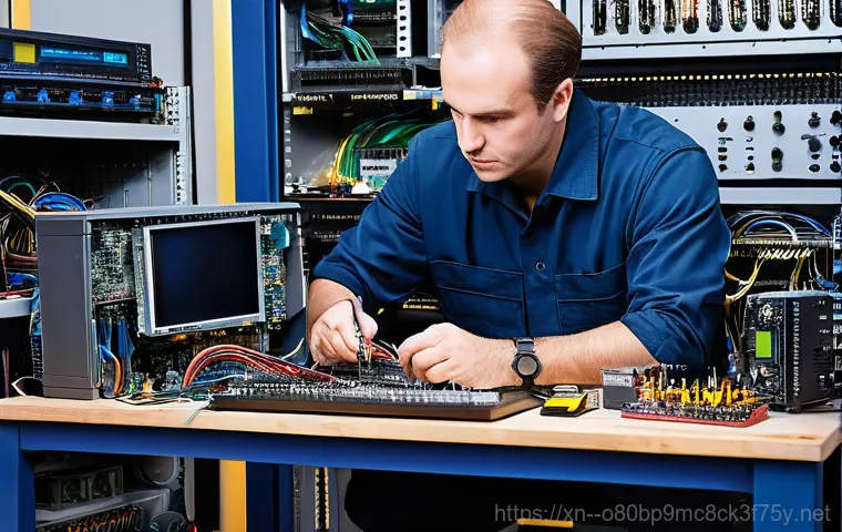 동구동 본체 꺼졌다 켜졌다 할때 - A close-up, high-angle shot inside an open, modern computer case. A gloved hand is carefully using a... 동구동 본체 꺼졌다 켜졌다 할때 - A close-up, high-angle shot inside an open, modern computer case. A gloved hand is carefully using a...