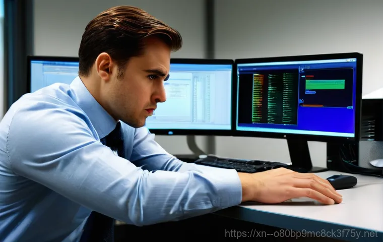 오목천동 NAS출장방문수리점 - A professional, fully-clothed office worker, mid-30s, looking distressed and anxious, staring at a m... 오목천동 NAS출장방문수리점 - A professional, fully-clothed office worker, mid-30s, looking distressed and anxious, staring at a m...