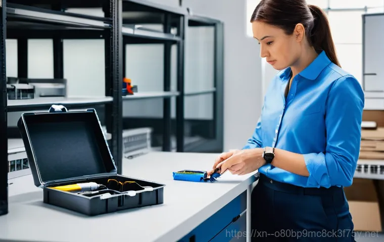 양서면 NAS출장방문수리점 - A young woman, early 30s, dressed in business casual attire, frowning in a small home office. She is... 양서면 NAS출장방문수리점 - A young woman, early 30s, dressed in business casual attire, frowning in a small home office. She is...