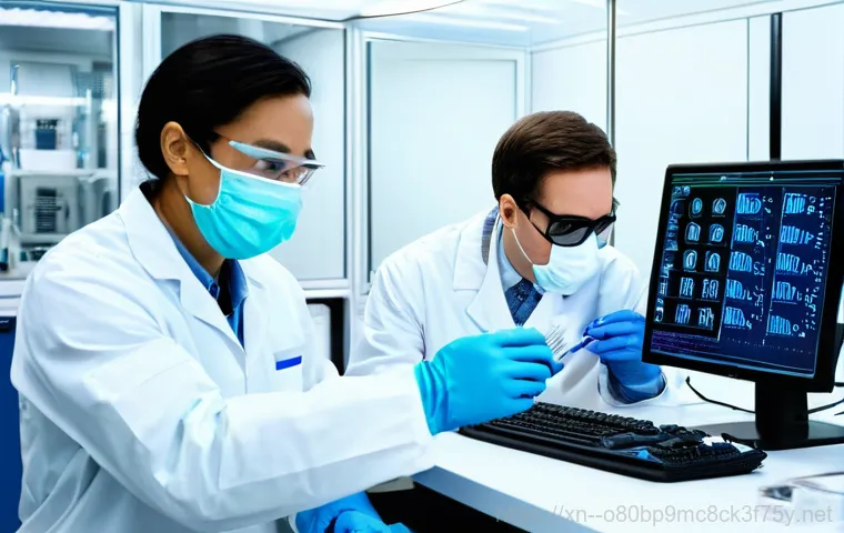 상야동 STATUS_DISK_NOT_INITIALIZED - A close-up shot of skilled hands, wearing light anti-static gloves, meticulously inspecting and re-s...