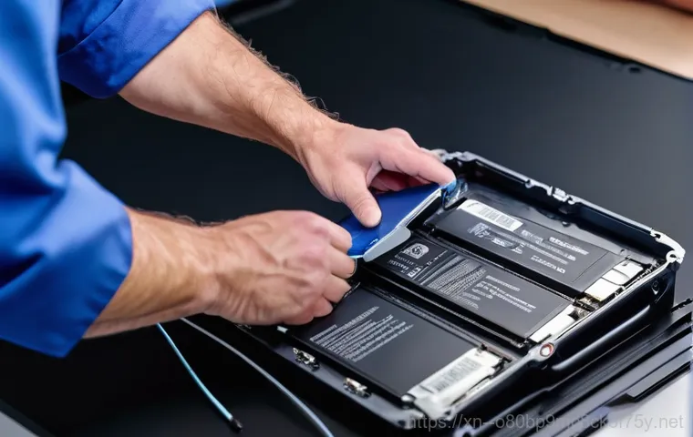 하지석동 맥북프로 판매 및 수리 - A close-up, high-angle shot of a skilled technician, wearing a clean, modern workshop uniform, metic...