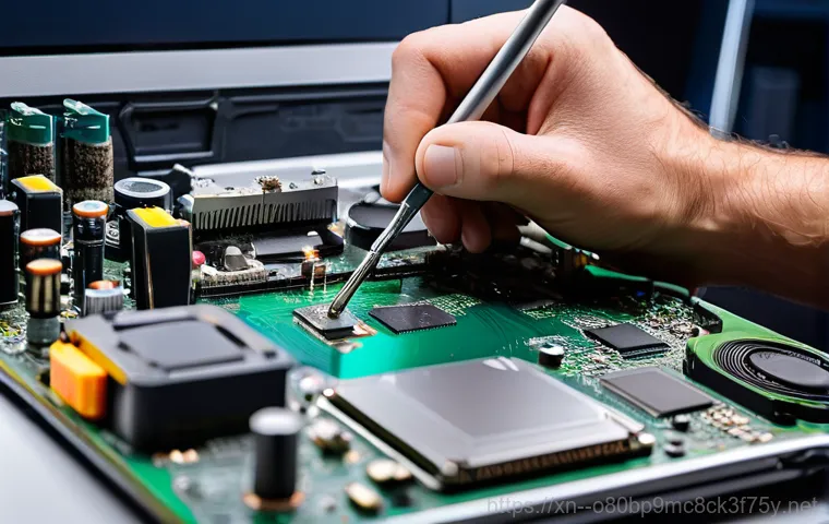 하지석동 맥북프로 판매 및 수리 - A dynamic shot showing a technician, wearing protective gloves, carefully removing a visibly swollen...