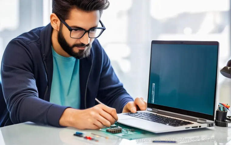 학암동 노트북 laptop 출장방문수리점 - A slightly frustrated individual, mid-30s, working from a cozy home office. Their laptop screen disp...