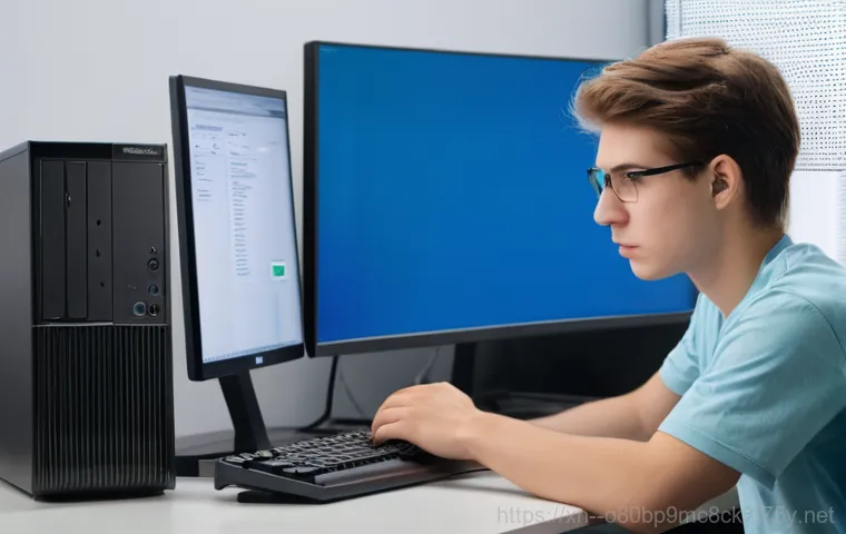 운니동 STATUS_INVALID_DEVICE_REQUEST - A perplexed young adult, gender-neutral, wearing casual but neat clothes, sits in front of a modern ...