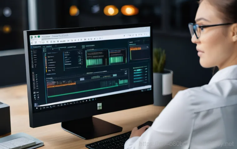 오정동 프로그램응답없음 - A close-up of an adult office worker, looking intensely frustrated and slightly panicked, staring at...