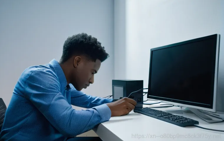 하점면 본체 꺼졌다 켜졌다 할때 - A focused shot of a young adult, gender-neutral, wearing a casual t-shirt and jeans, kneeling beside...