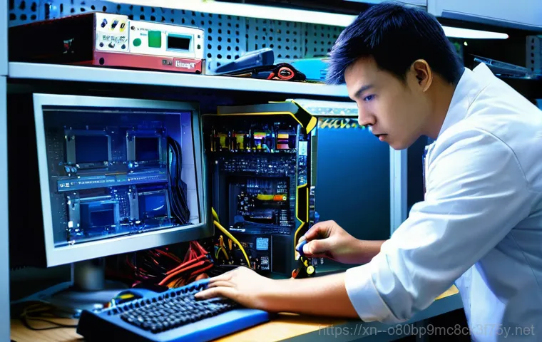 하점면 본체 꺼졌다 켜졌다 할때 - A practical, well-lit scene focusing on the back of a desktop computer. A person, gender-neutral, dr...