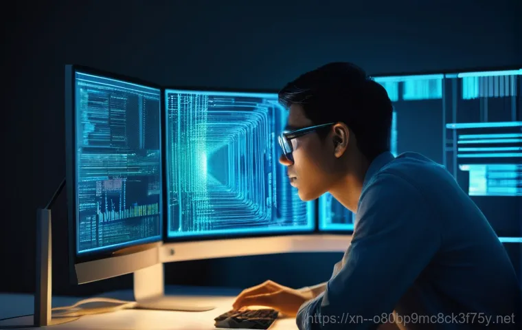 자양동 STATUS_MEMORY_VIOLATION - A close-up, high-angle shot illustrating digital chaos and system overload. A person's hands (wearin...