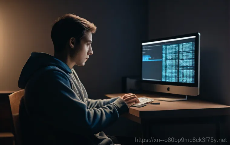 역곡동 STATUS_DISK_NOT_INITIALIZED - A focused adult, wearing smart casual clothing, sits at a clean, modern desk, looking intently at a ...