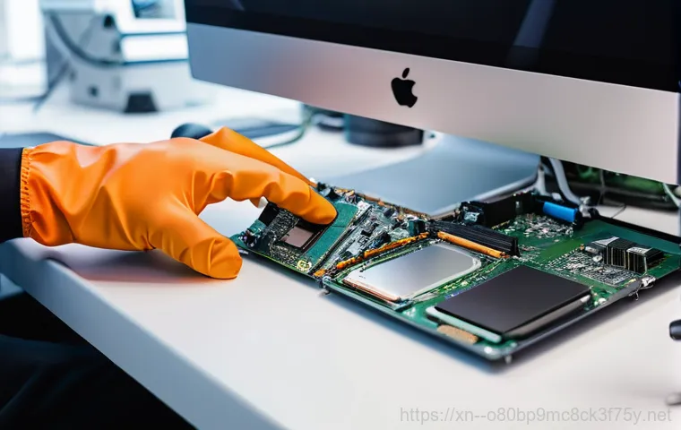 우만동 아이맥 판매 및 수리 - A slightly older adult in casual attire, looking frustrated and worried, stands in front of a dark, ...