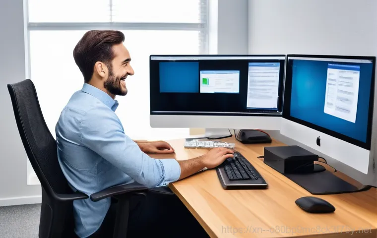 미산동 자동복구 - A young female blogger in her late 20s sits at a modern desk, looking frustrated and a little panick...