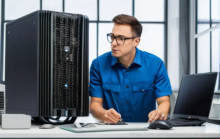 금사면 MACHINE_CHECK_EXCEPTION - A detailed, close-up shot inside an open desktop computer case. A hand, protected by an anti-static ...