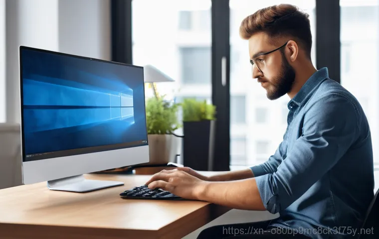 관교동 STATUS_SYSTEM_LICENSE_INVALID - A frustrated office worker, mid-30s, wearing business casual attire, stares intensely at a computer ...