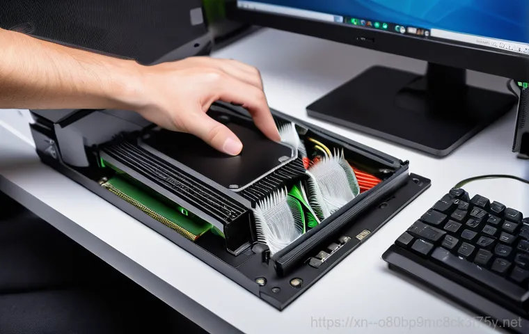 행신동 컴퓨터멈춤 - Close-up shot of a computer technician, wearing a clean, dark blue uniform, carefully examining the ...