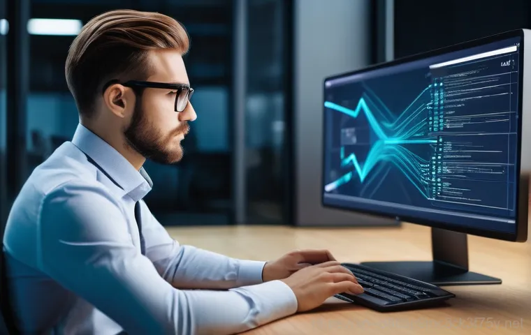 관산동 STATUS_FILE_IN_USE - A professional-looking person, perhaps a software developer or digital artist, sits at a clean, mode...