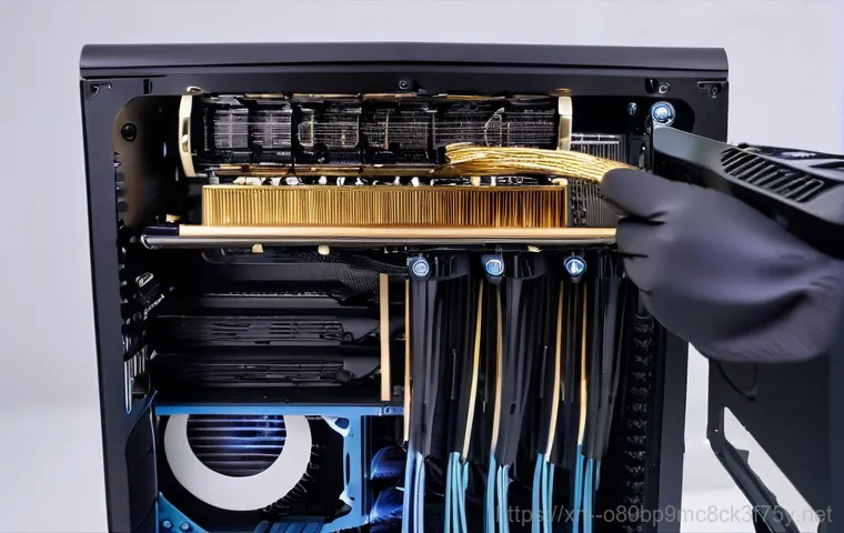 내유동 pc복구중 - **Prompt:** A close-up of a desktop PC tower with vibrant internal RGB lighting, and its cooling fan...