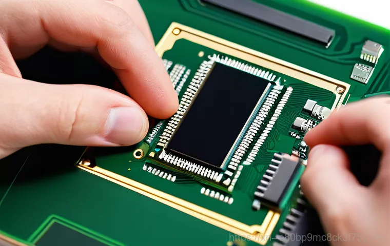 초동 STATUS_KERNEL_SECURITY_CHECK - A focused individual, wearing a short-sleeved top and an anti-static wrist strap, is meticulously tr...