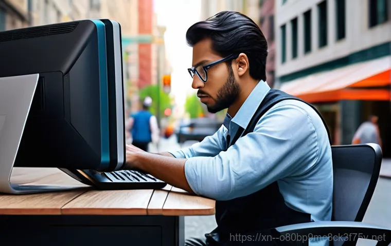 주성동 컴퓨터 desktop 출장방문수리점 - A frustrated young woman in her early 30s sits at her home desk, hands clutching her head, staring a...