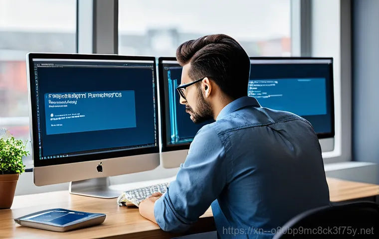 성남동 BAD_SYSTEM_CONFIG_INFO - **Prompt 1: Blue Screen Panic**
    A young adult, wearing casual everyday clothes, sits hunched ove...