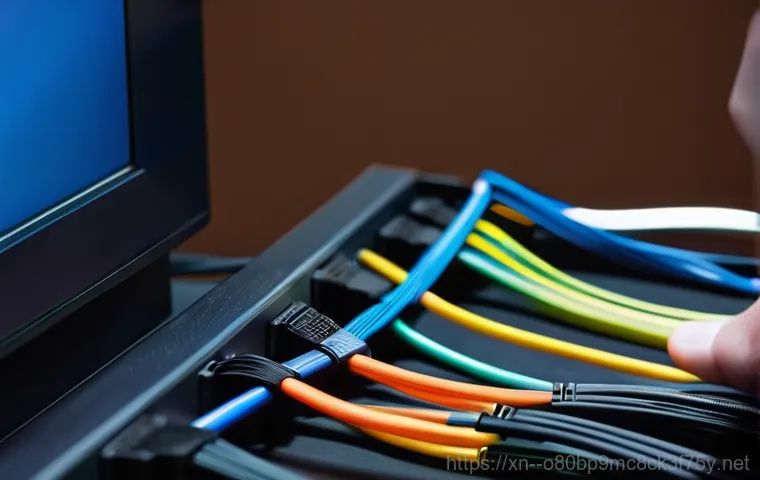 신장동 케이블연결확인 - A person, appearing slightly puzzled, in a well-lit home office, kneeling slightly in front of a mod...