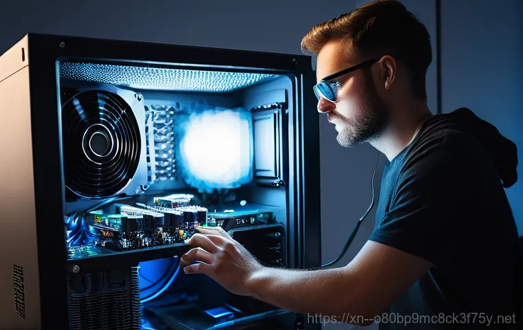 문원동 컴퓨터멈춤 - **Frustrated User with Frozen Screen:** A close-up, dramatic shot of a person's face, mid-thirties, ...