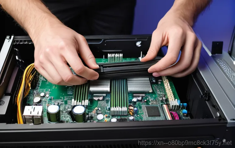 파평면 RAM조립 및 교체수리 - A close-up of a person, appearing to be in their late 20s to early 30s, wearing a casual t-shirt, bu...