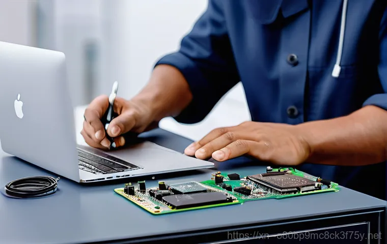 와동동 맥북에어 판매 및 수리 - A close-up shot of a modern, sleek MacBook Air (M1 or M2 model) on a wooden desk, its screen showing...