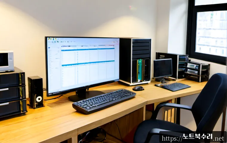 연남동 나스 nas 설정및수리 - Photorealistic IT support workstation in a compact Yeonnam-dong creative studio, technician connecti...