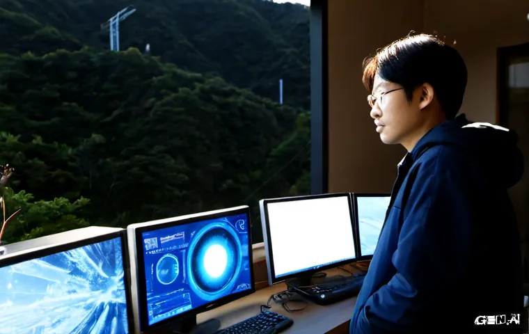궁정동 DRIVER_CAUSED_SYSTEM_CRASH - Photorealistic creative workstation in a quiet hillside neighborhood near Gungjeong-dong, dual monit...