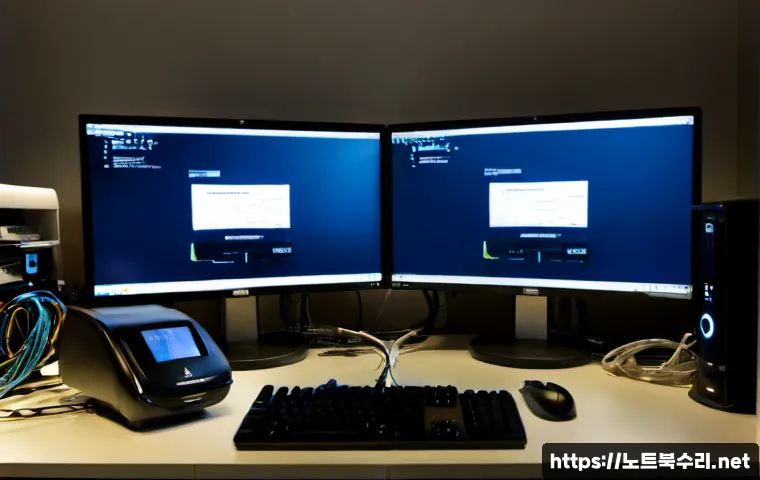 덕교동 STATUS_KERNEL_BOOT_DRIVE_ERROR - Photorealistic IT support workstation in a compact Deokgyo-dong office, dual monitors showing a dark...
