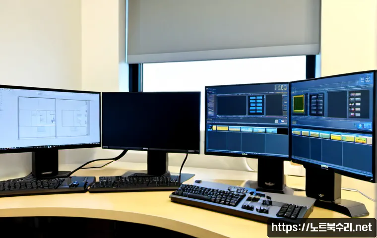 마도면 STATUS_KERNEL_REGISTRY_ERROR - Photorealistic remote-support workstation in a quiet coastal township office, dual monitors showing ...
