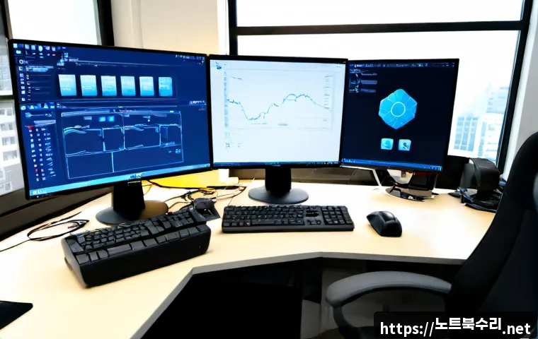 성내동 PAGE_TABLE_CORRUPT - Photorealistic IT support workstation in a compact Seongnae-dong office, dual monitors showing abstr...