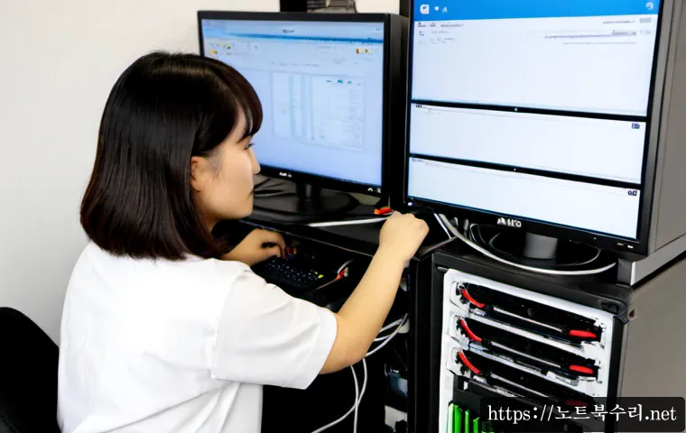 경서동 NAS출장방문수리점 - Photorealistic NAS onsite repair in a compact Geomseo-dong apartment office, technician replacing ho...