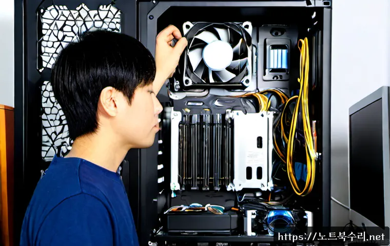 안녕동 쿨러조립 및 교체수리 - Photorealistic PC repair workstation in a compact Korean residential office, technician installing a...