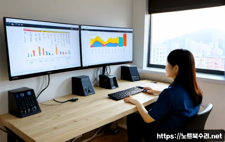 숭인동 STATUS_FLOAT_INEXACT_RESULT - Photorealistic remote-support workstation in a compact Sungin-dong apartment office, dual monitors s...