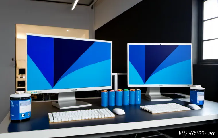 충무로 KMODE_EXCEPTION_NOT_HANDLED - Photorealistic creative workstation in a Chungmuro-style printing and design studio, dual monitors s...