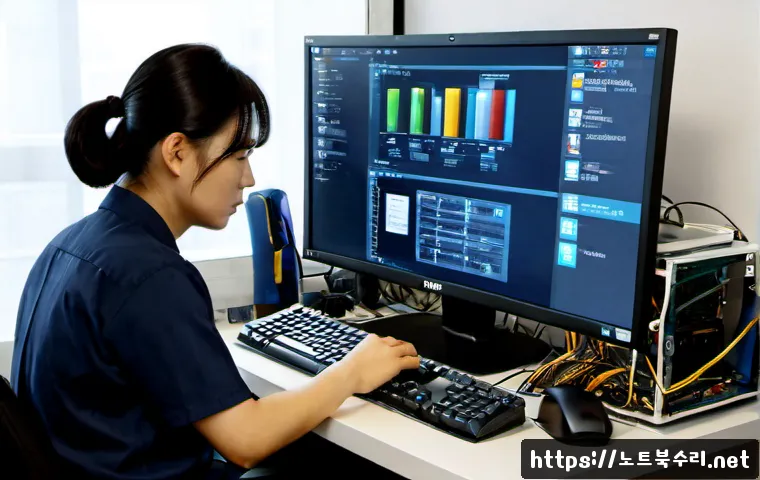 역북동 부팅불가 - Photorealistic computer repair workstation in a compact Yeokbuk-dong apartment office, desktop tower...
