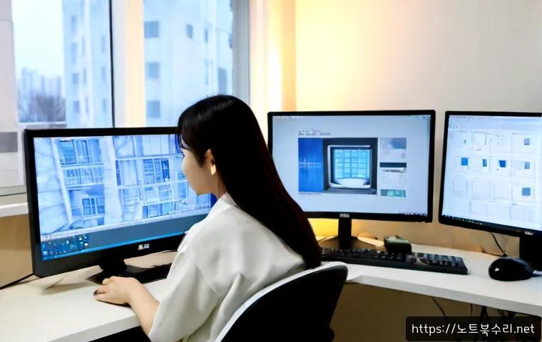 중계동 STATUS_ACCESS_VIOLATION - Photorealistic computer support workstation in a quiet residential Korean neighborhood office, dual ...