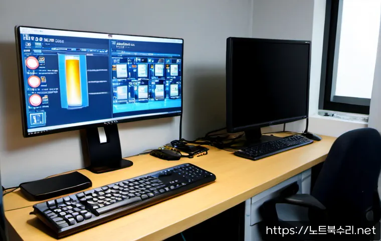 설운동 STATUS_KERNEL_POWER_FAILURE - Photorealistic IT support workstation in a compact Seolun-dong office, dual monitors showing abstrac...
