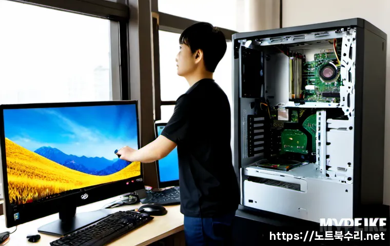 묘동 프리도스 윈도우설치 - Photorealistic compact PC repair workstation in a Myo-dong neighborhood office, technician installin...
