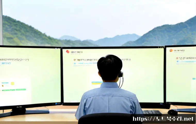 월롱면 STATUS_MODULE_NOT_FOUND - Photorealistic remote IT support workstation in a quiet semi-rural Korean office, dual monitors show...
