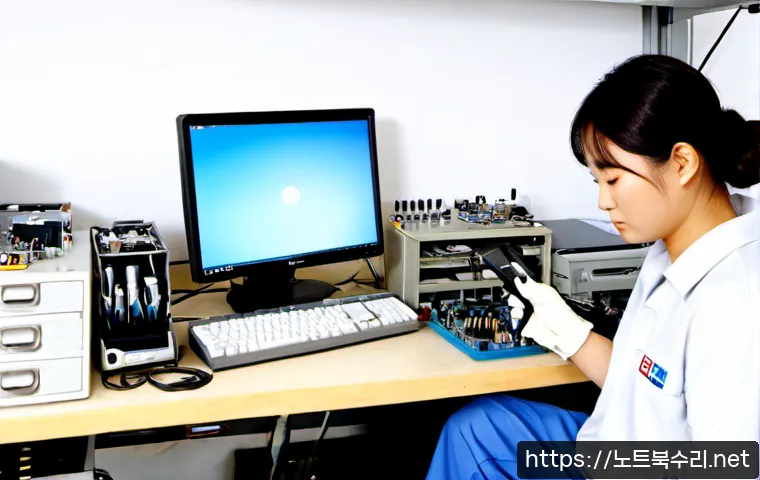 삼송동 맥미니 판매 및 수리 - Photorealistic compact silver desktop computer repair bench in a tidy Samsong-dong electronics works...
