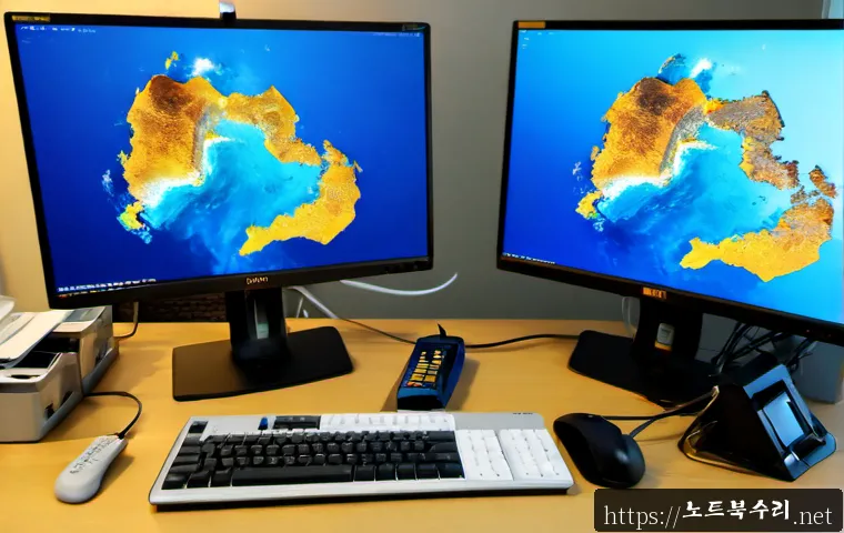서신면 POOL_HEADER_CORRUPTION - Photorealistic remote IT support workstation in a quiet coastal township office, dual monitors displ...