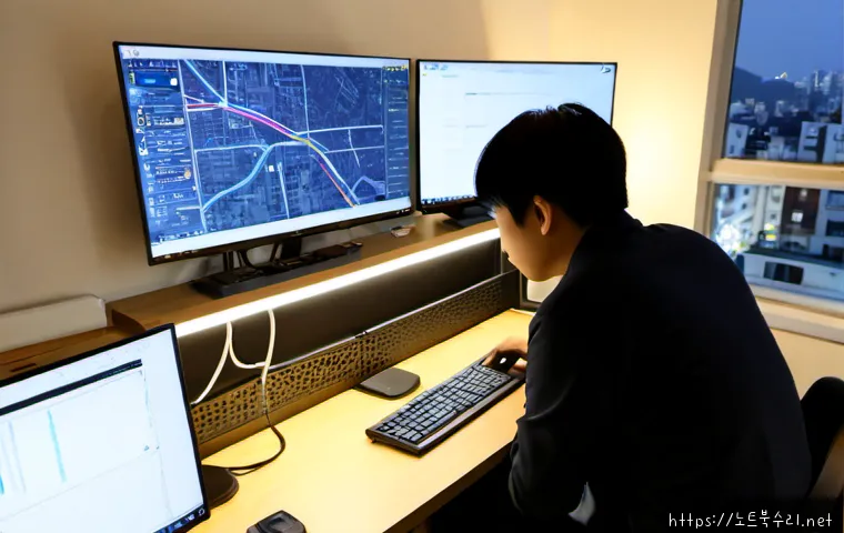 수진동 STATUS_SECURITY_POLICY_VIOLATION - Photorealistic remote IT support workstation in a compact Sujin-dong apartment office, dual monitors...